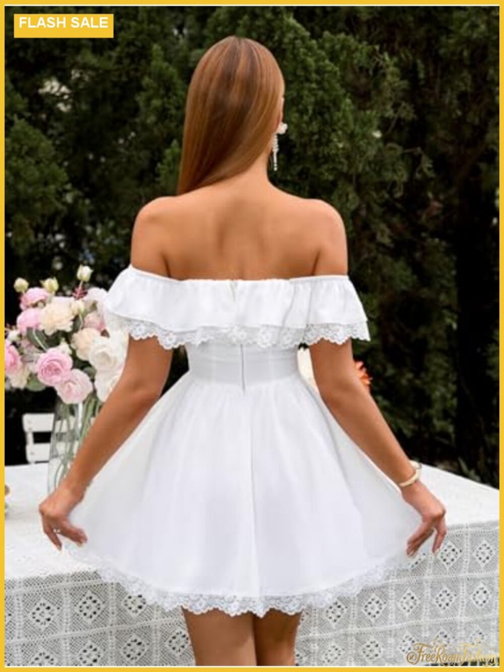 Women's Off Shoulder Mini Dress Lace Bow A Line Casual with Pocket - Picture 2 of 5